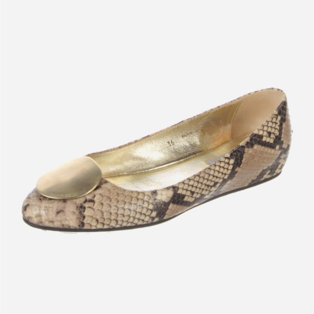 Jimmy Choo Tan/Black Snakeskin Flats w/ Gold Engraved Disc Size 36/6 MSRP $695